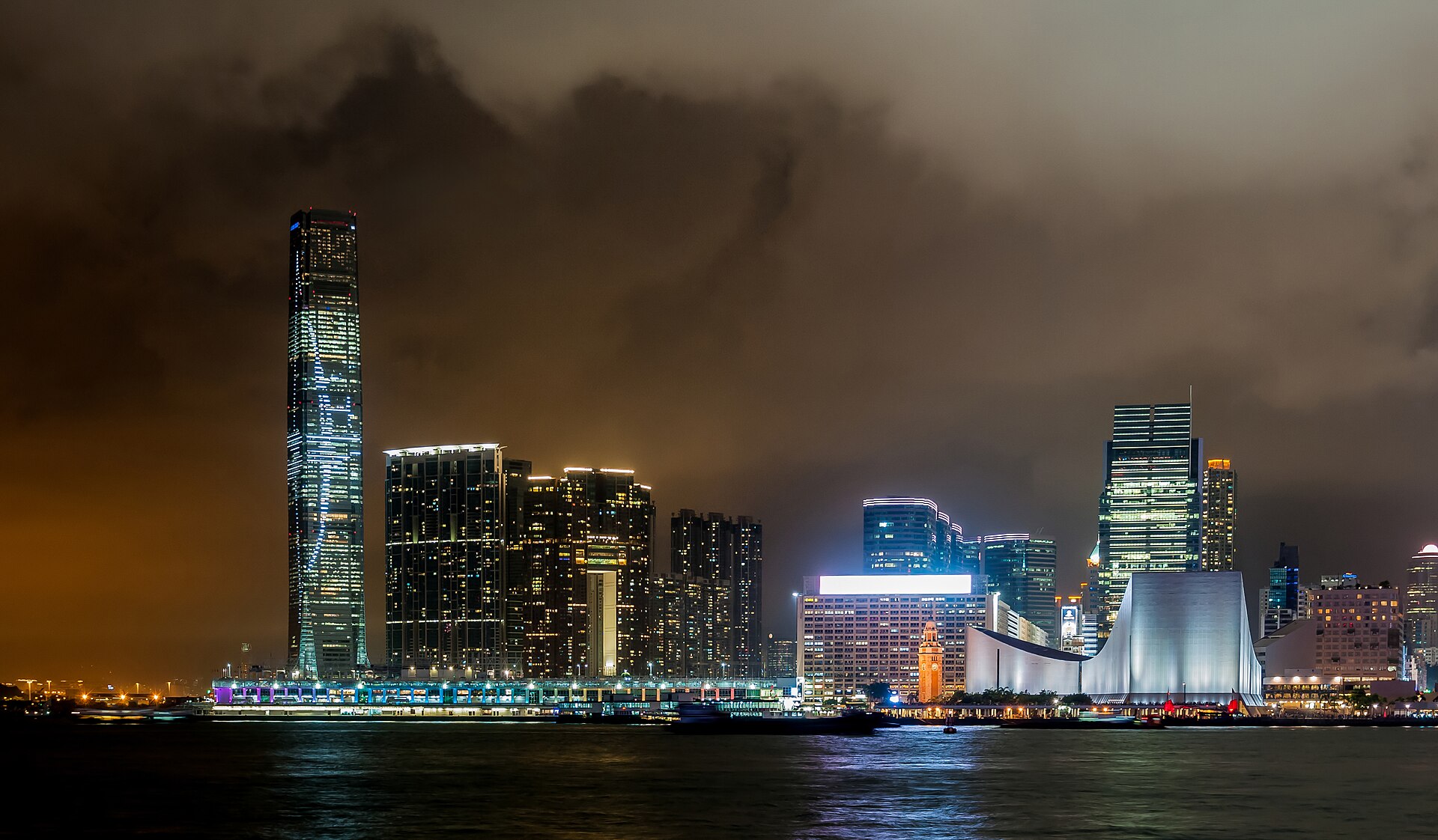 Victoria Harbour and the Hong Kong skyline at night